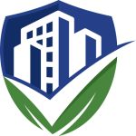 A blue and green logo having building