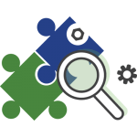 A magnifying glass and puzzle pieces in blue and green color