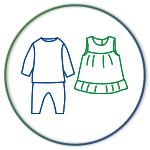 A blue and green line art of a baby clothes