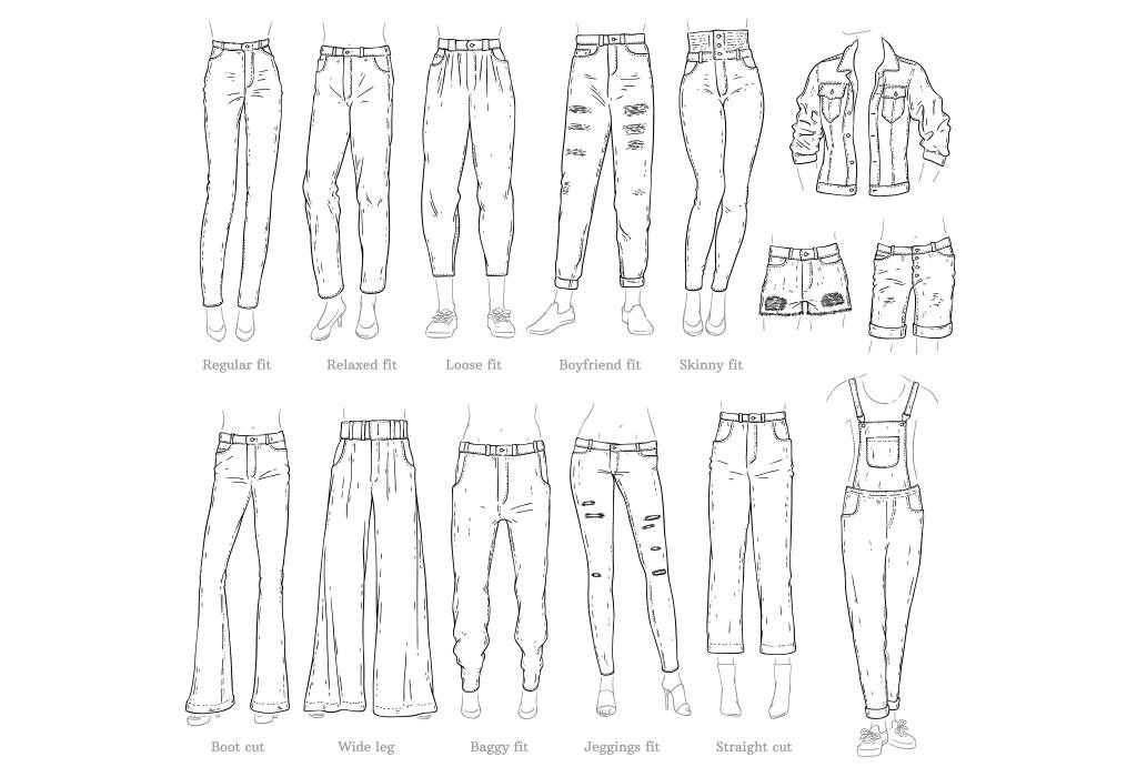 A line drawing of different types of pants