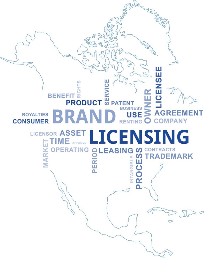 A map of the united states with words brand, licensing, patent