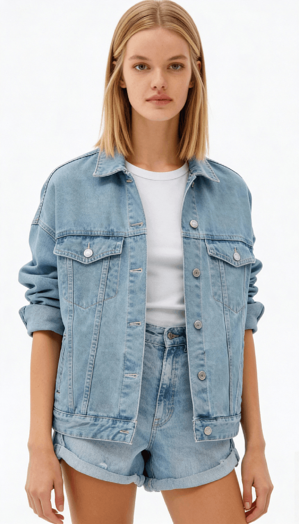 Model wearing a denim jacket and denim shorts showcasing denim apparel design and fit