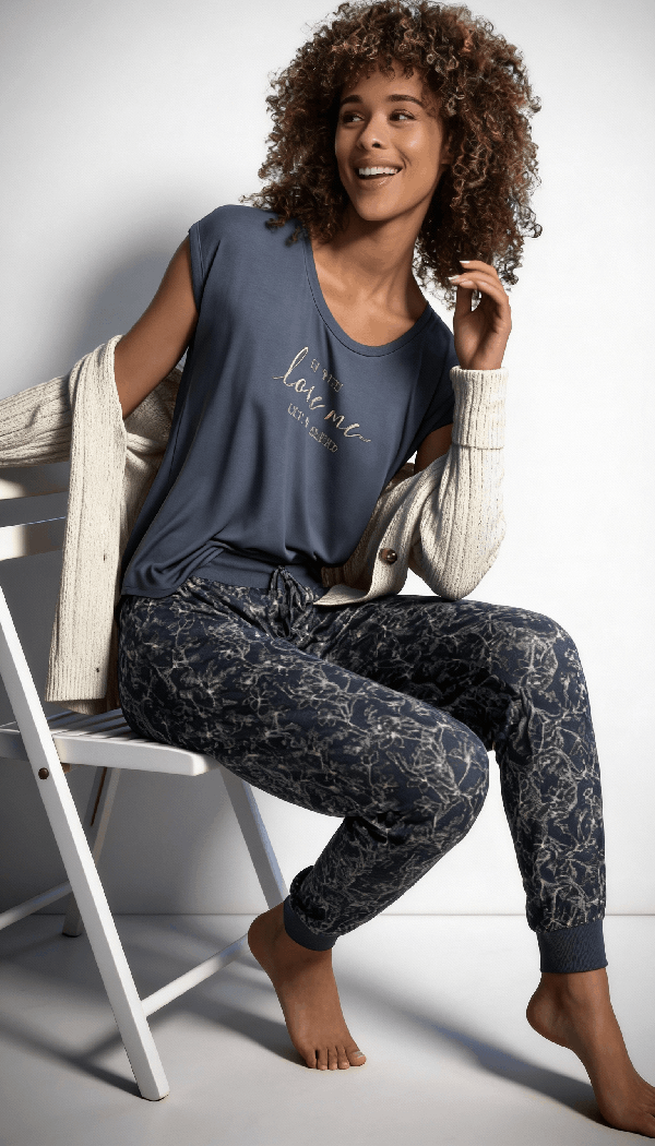 Model wearing sleepwear and loungewear outfit showcasing comfort-focused apparel design