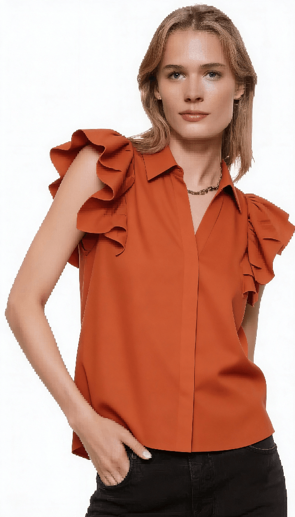 Model wearing a woven sleeveless top showcasing woven apparel design and fit