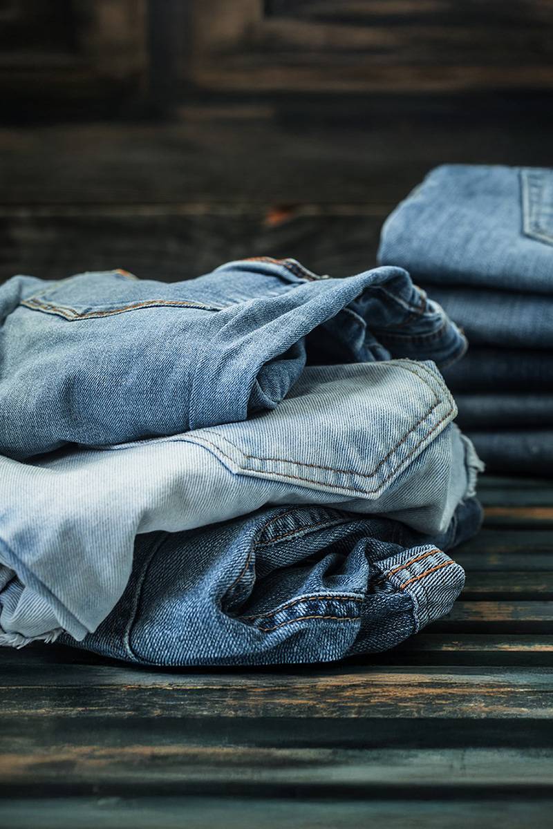 Stack of denim jeans showcasing denim apparel manufacturing quality