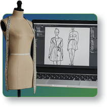 Apparel design sketches displayed on a screen alongside a dress form